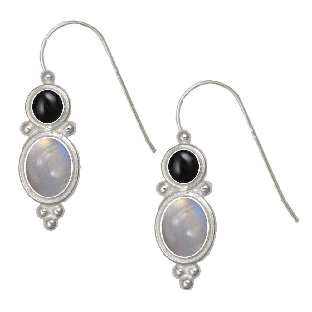 Sterling Silver Drop Dangle Earrings Rainbow Moonstone And Black Onyx